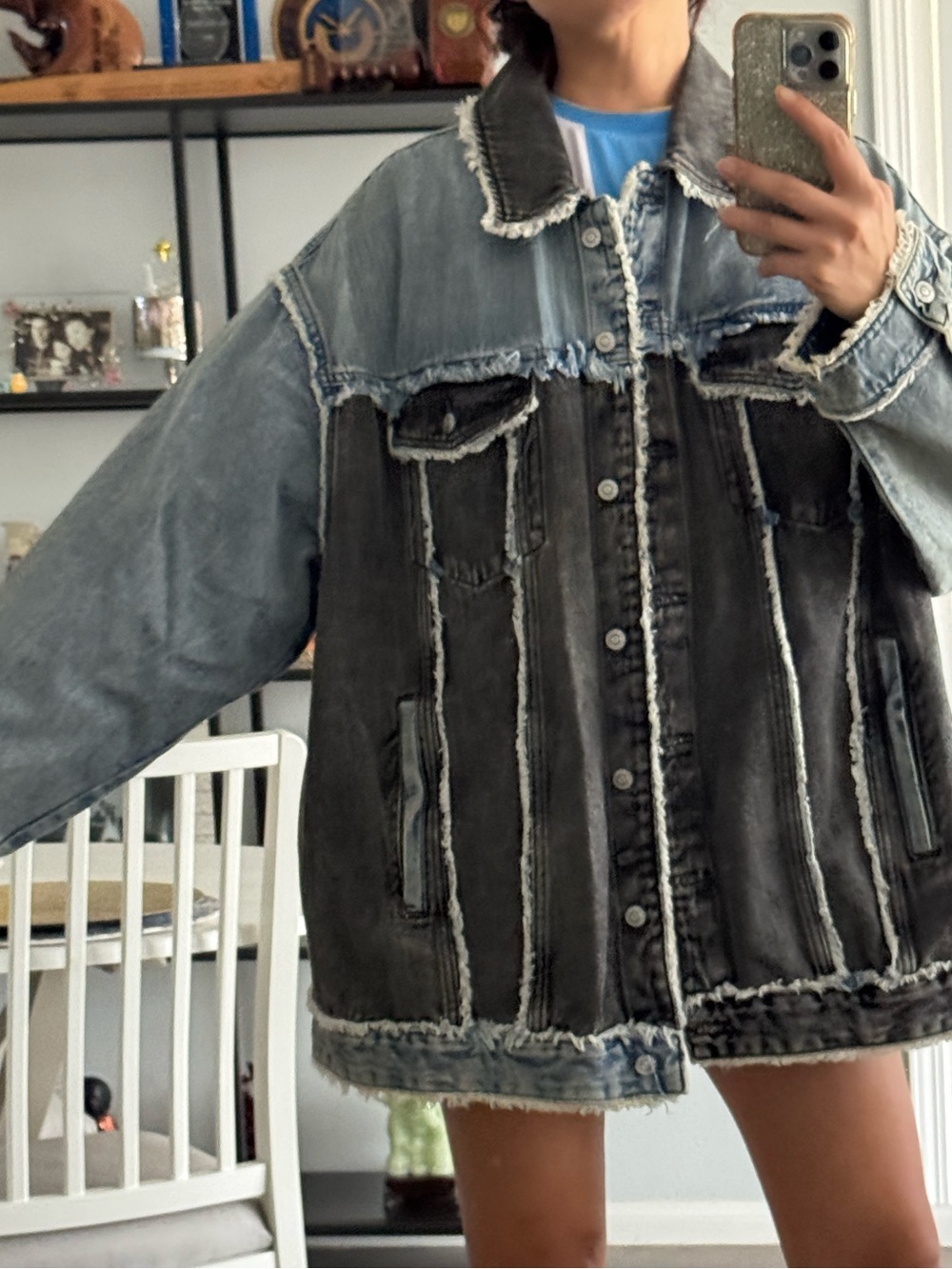 H&M Two-Tone Oversized Denim Jacket in Light Blue & Black